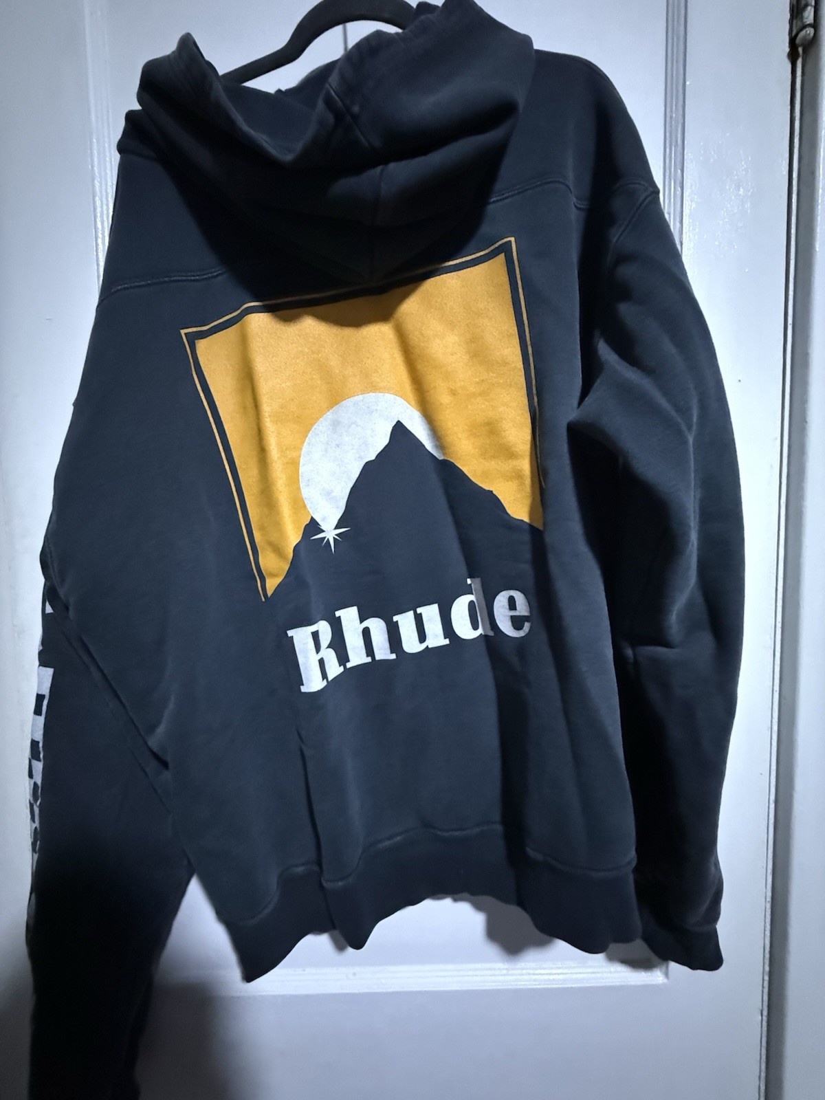 RHUDE Moonlight Hoodie Vintage Black Checkered Sleeve Graphic Pullover [L]