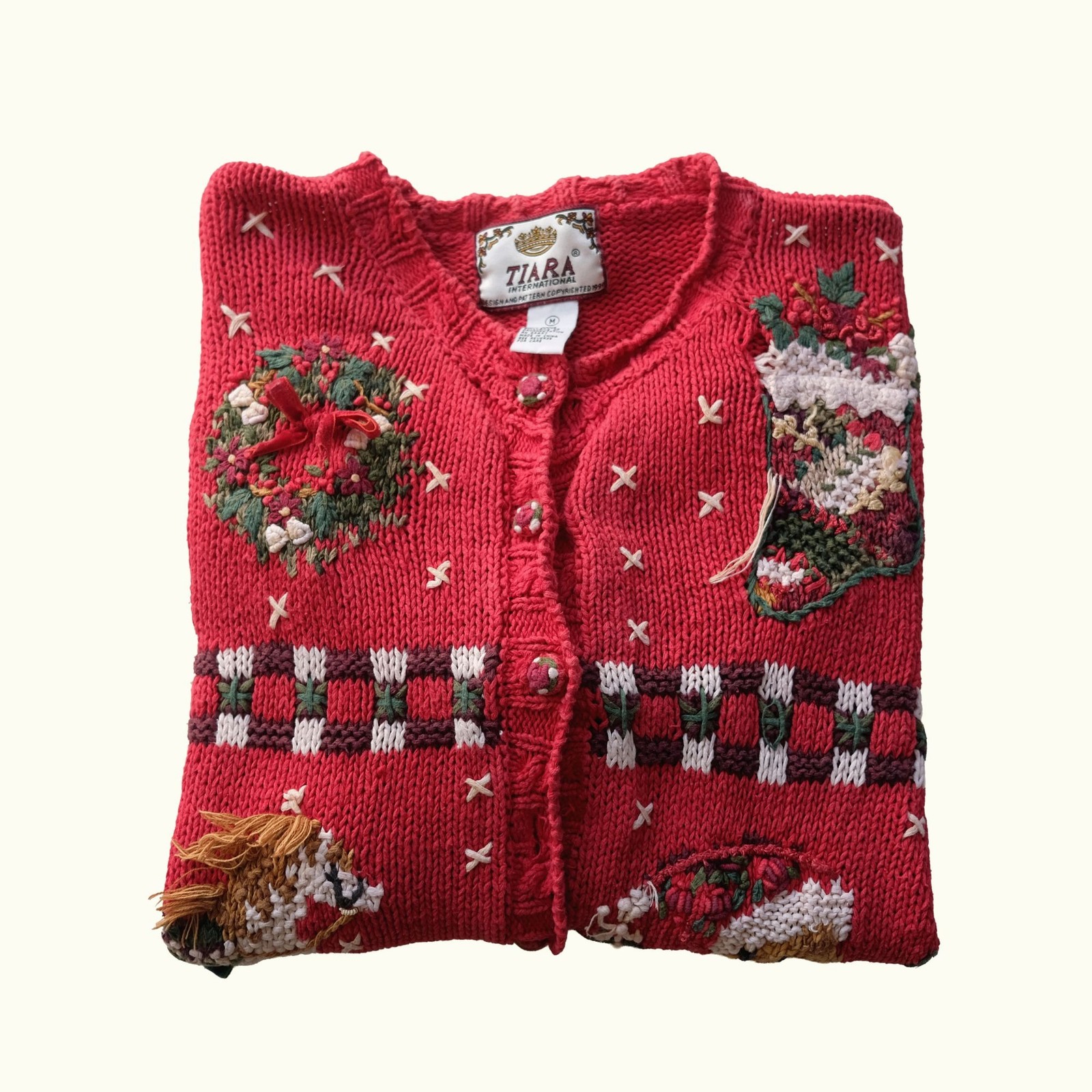 CHRISTMAS 90s VTG KNIT CARDIGAN SWEATER SANTA STOCKING TEDDY BEAR RED SZ M 