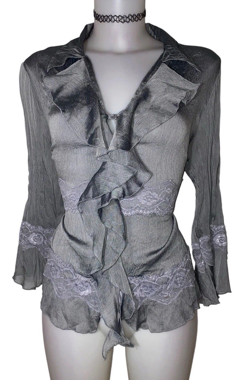 Vtg 90s Women Victorian Silver Lace Ruffle Whimsigoth Vampy Top Sz M Renaissance