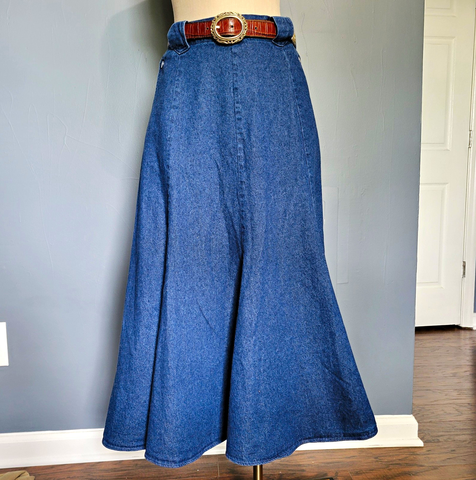 Vintage CircleT Blue Denim Cotton Flared A-Line Maxi Skirt Pockets 15/16 Large
