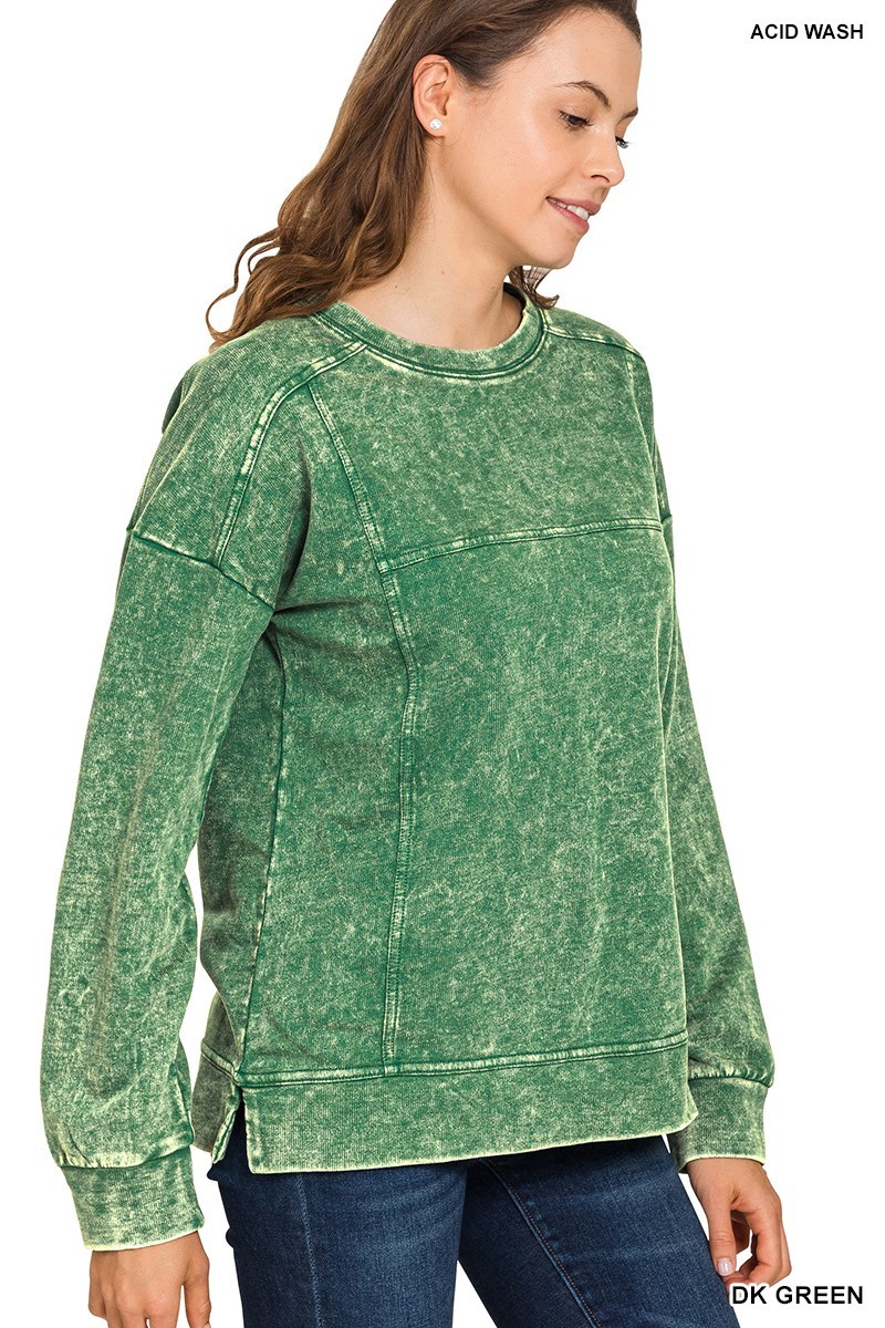 Zenana TTW-5354Y Exposed Seam Acid Washed Sweatshirt Dark Green