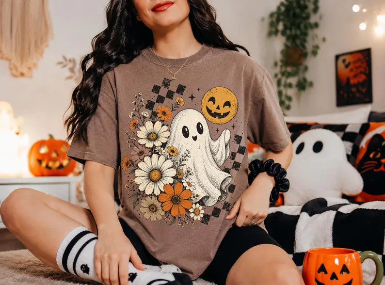 Retro Floral Ghost Cute Halloween Spooky Comfort Tee Shirt