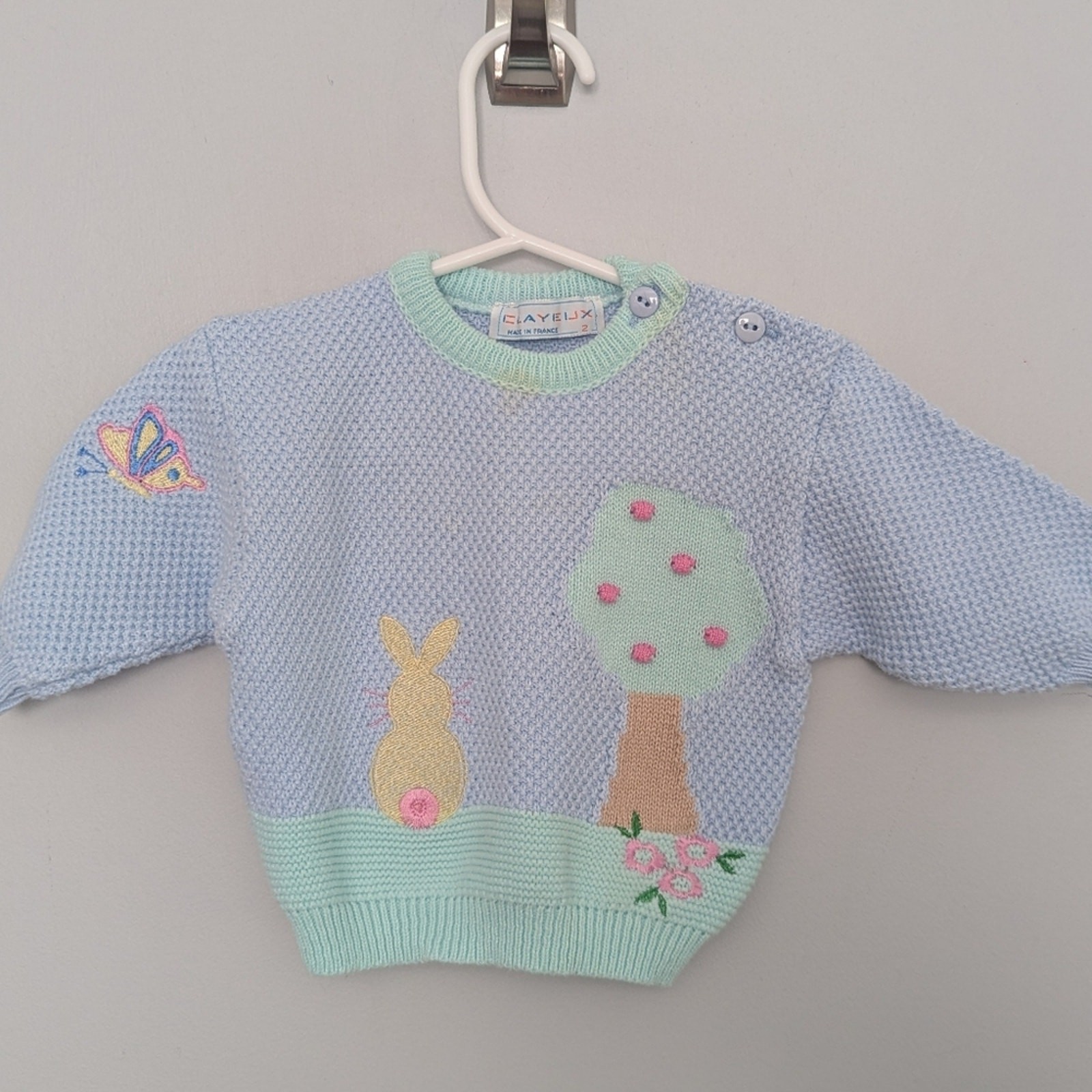 Vintage Girls Clayeux French Baby Bunny Tree Butterfly Sweater 2 Faint Stains