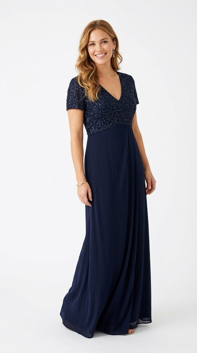 Bieff Basix Silk Evening Gown Dress 12 Navy Blue Iridescent Beaded Formal Maxi⁠