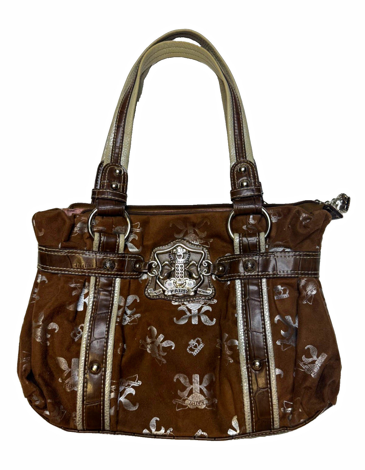 Kathy Van Zeeland Brown Logo Shoulder Bag Silver Crest Faux Suede Zip
