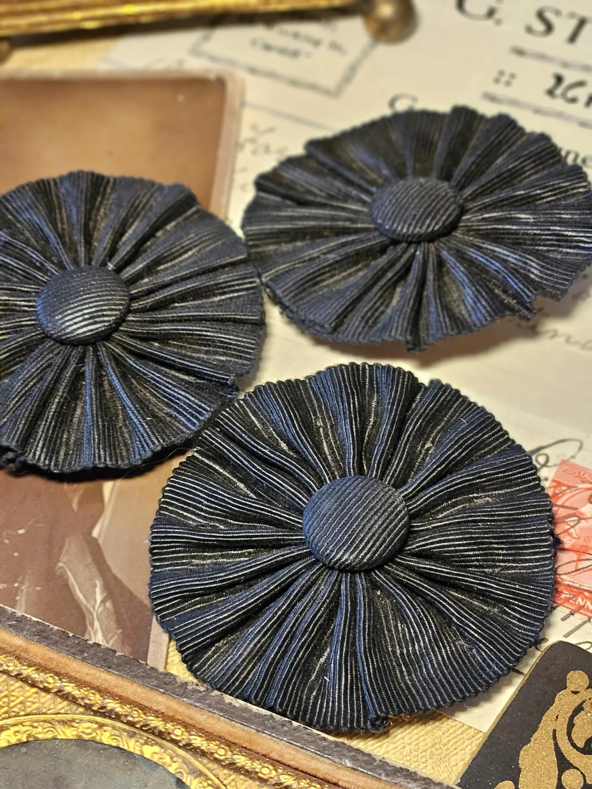 Antique Victorian Mourning Rosettes (Set of 3) Black Pleated Fabric Badges 1890s