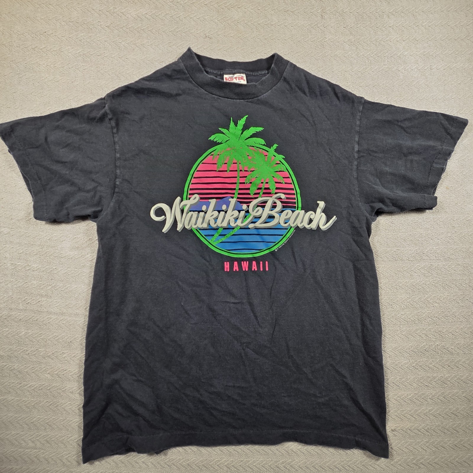 Vtg 1990 Hawaii Waikiki Palm Horizon Graphic T-Shirt Black Softee TeeJays Sz L