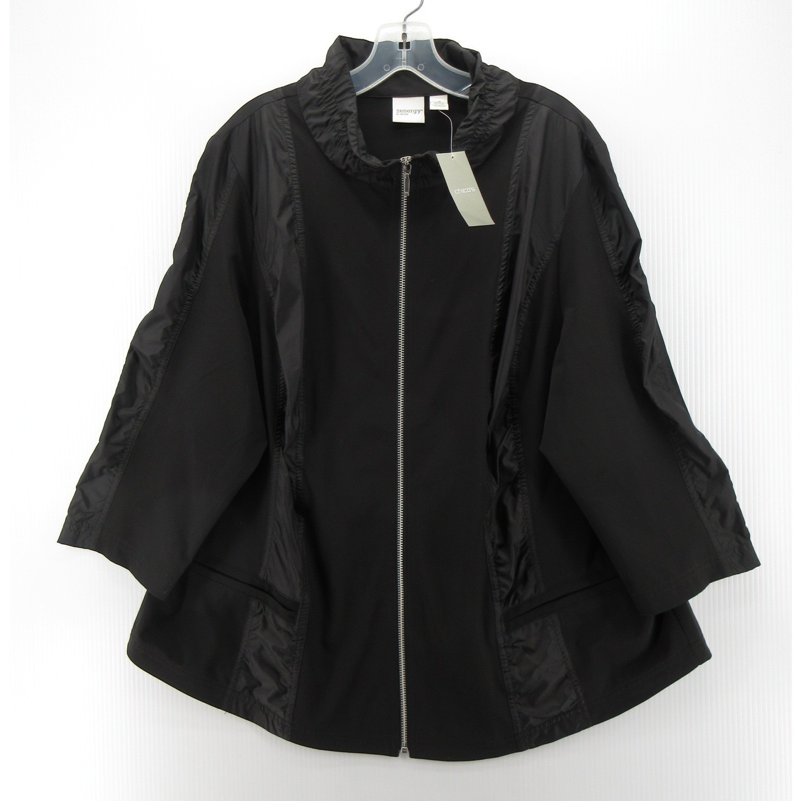 Chicos Zenergy Jacket Women 4 Black Neema Fabric Mix Ruched Stretch XXL NEW
