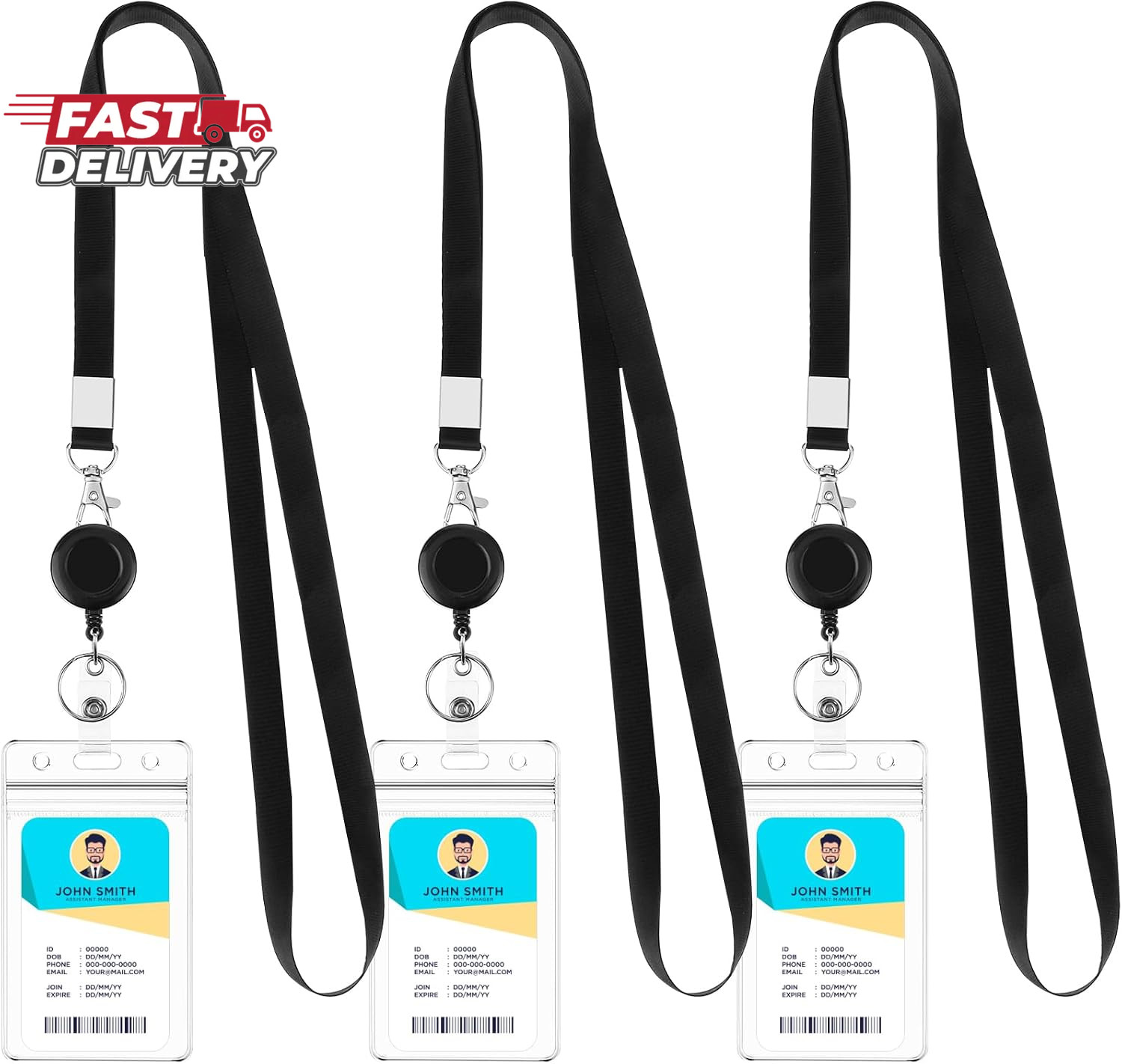 3 Pack Retractable Lanyards with ID Badge Holders, Waterproof Black