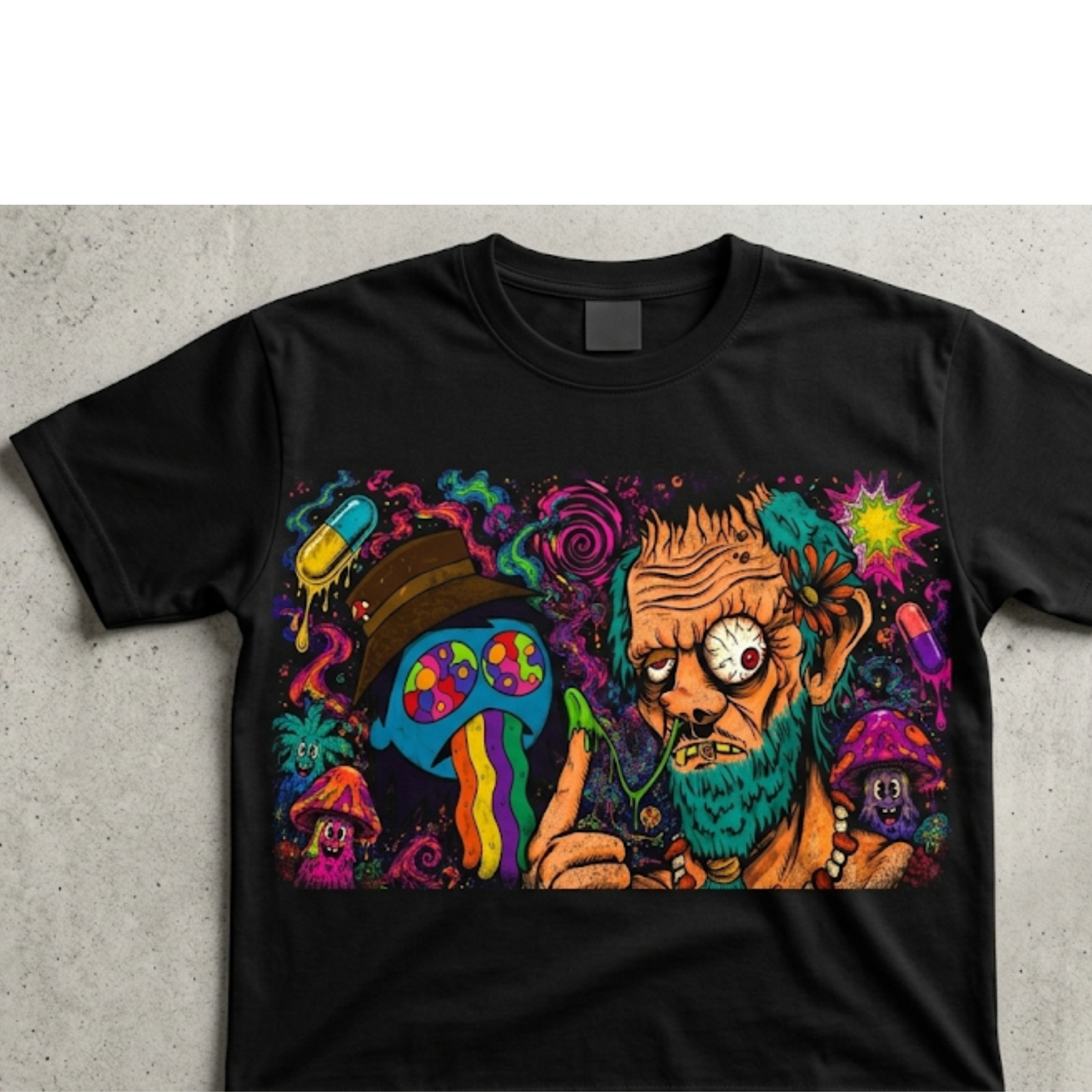 Psychedelic horror graphic tee trippy mushrom mad scientist black t- shirt