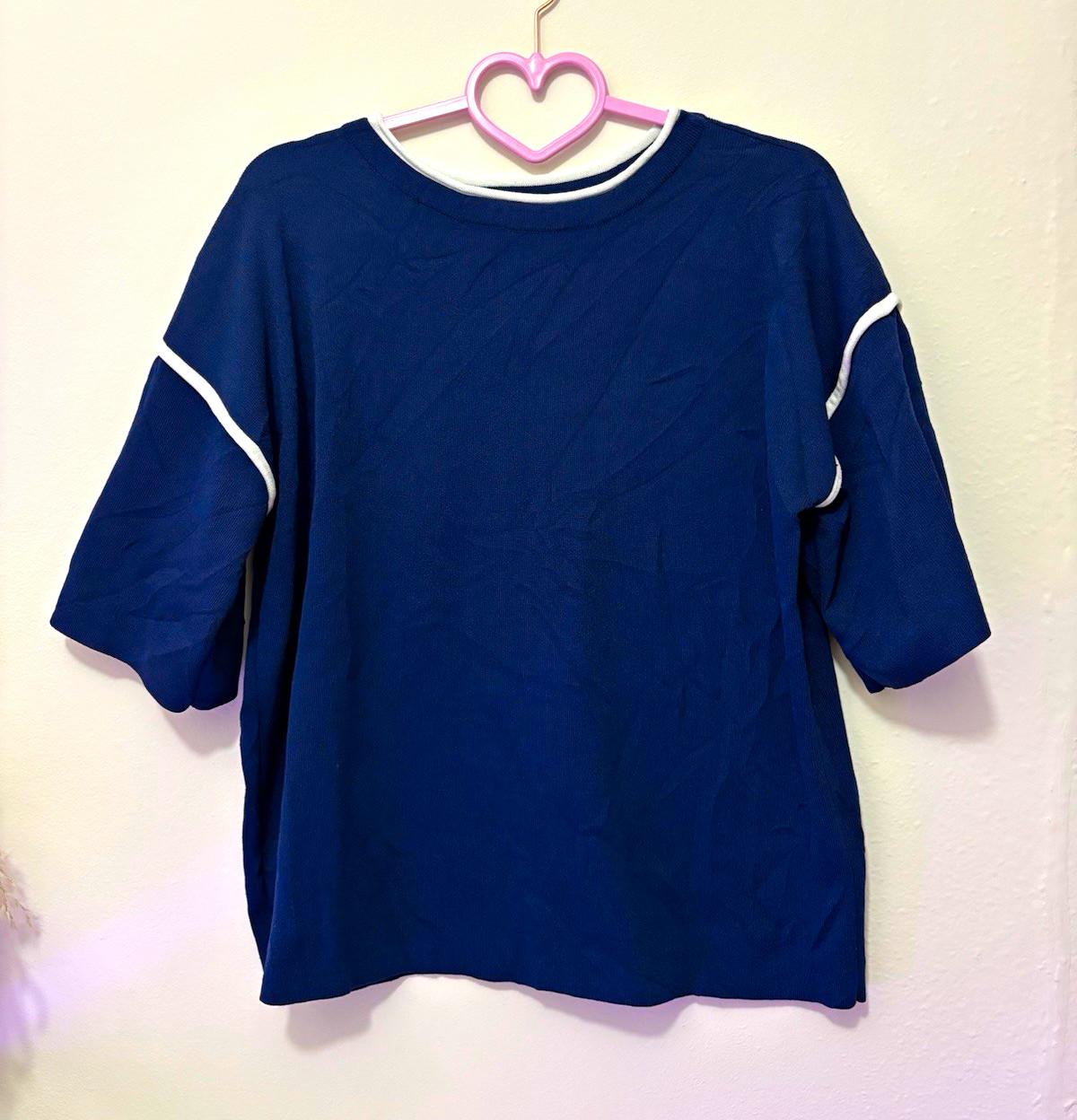 Women\'s L Regular Navy Solid Knit Crew Neck 3/4 Sleeve Pullover Top w/ Piping