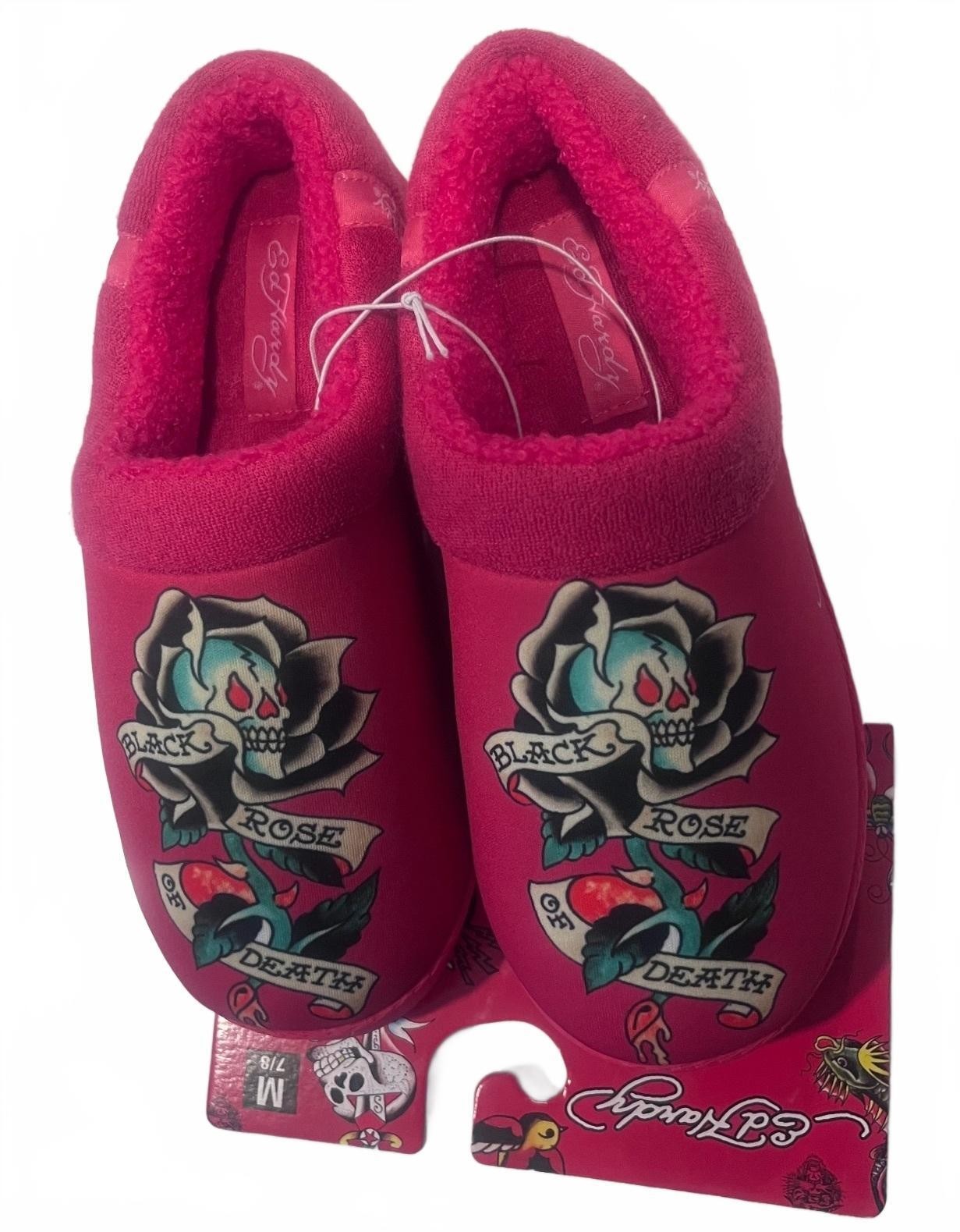 NWT Ed Hardy Pink Slippers Skull Rose Tattoo Flash Y2K Clog House Shoes Size 7/8