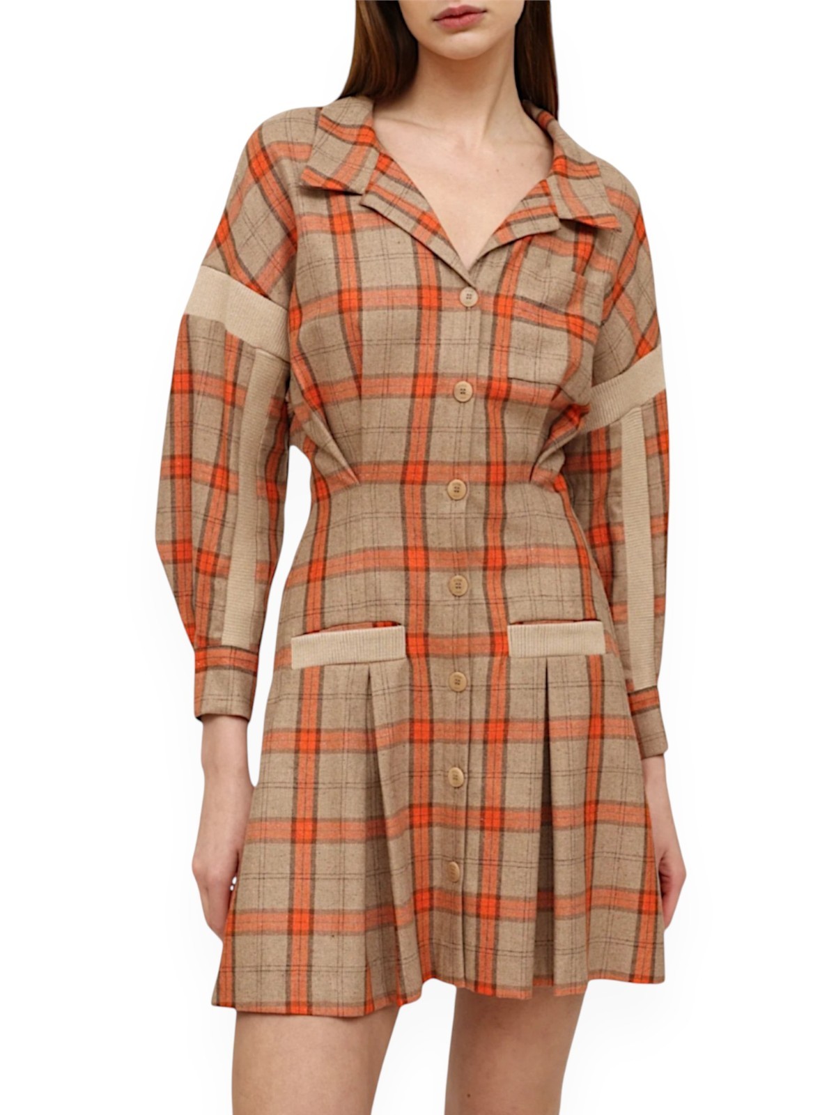 Maje Ravellino Camel Orange Check Plaid Woven Shirt Mini Dress NWT New 38 6