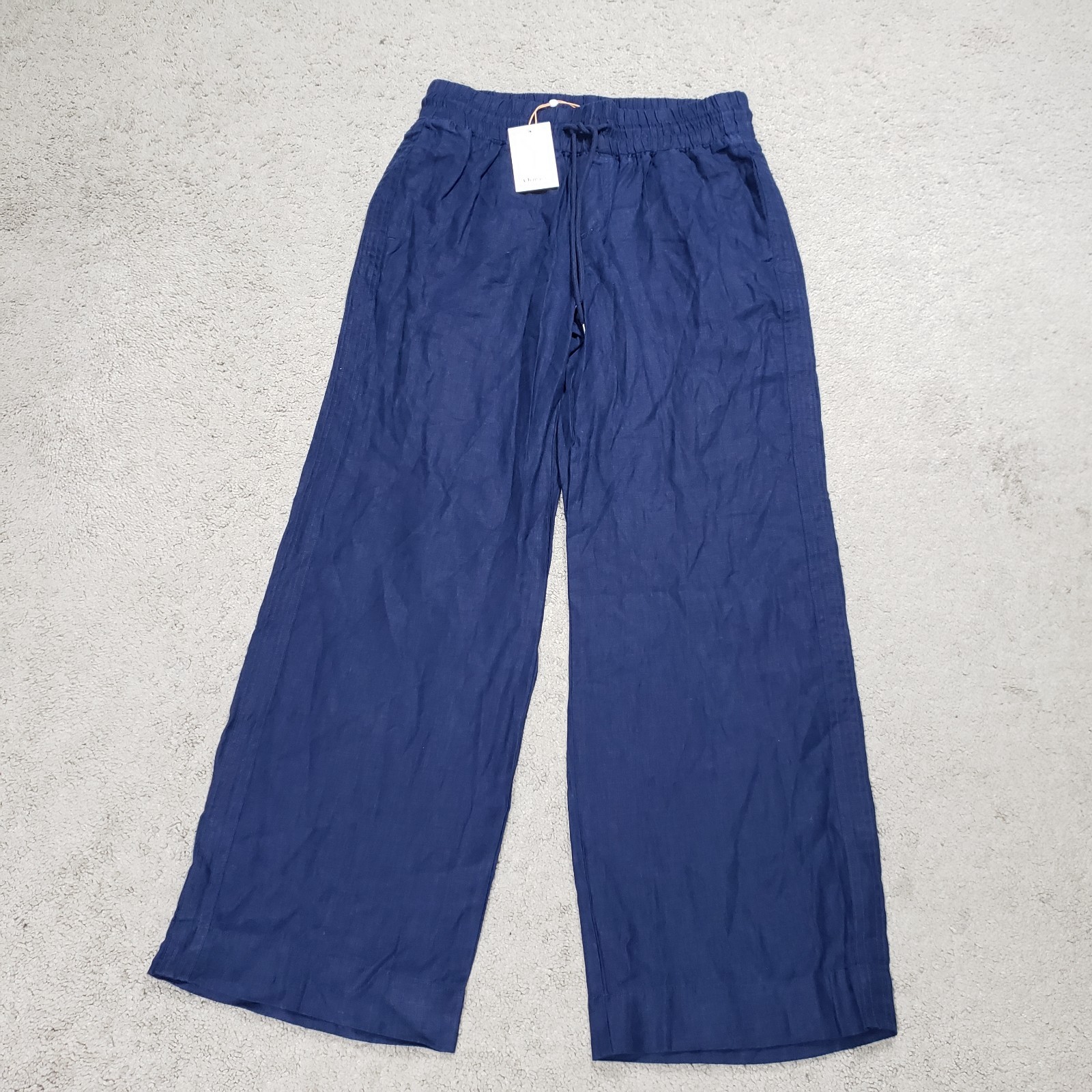 NWT Quince 100% European Linen High Rise Wide Leg Pants M Blue Drawstring Pckets