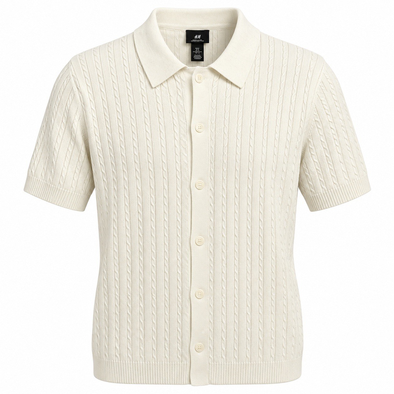 H&M Mens Large Cream Cable Knit Short Sleeve Button Up Polo Shirt NWT