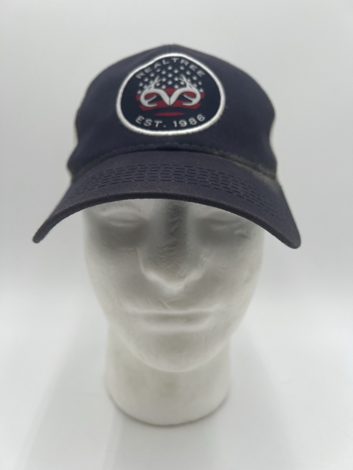 Realtree Est. 1986 Mesh Trucker Snapback Hat Navy White Adjustable Cap USA Flag