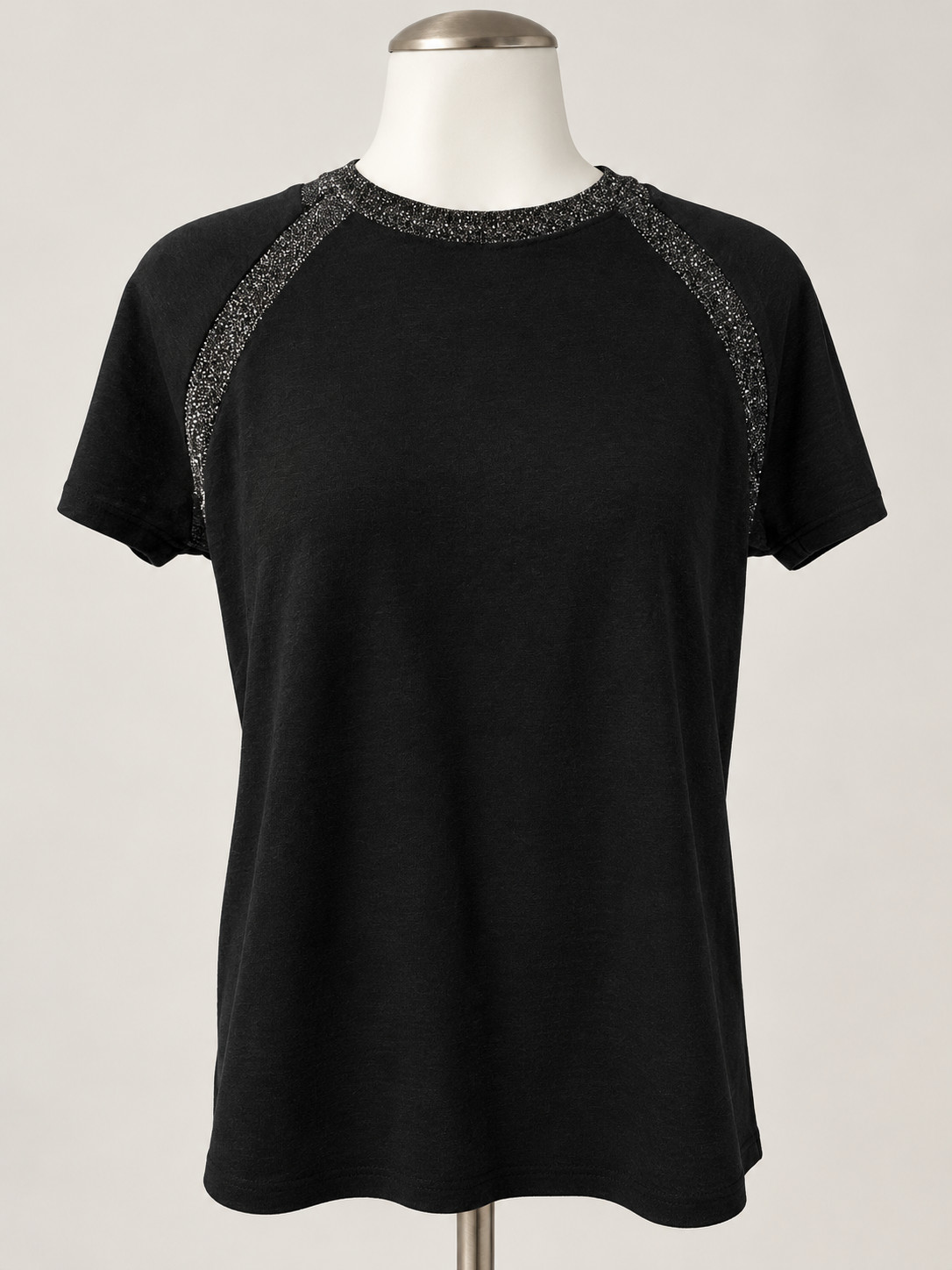 Maje Women’s Black Short Sleeve Top Size 1 Glitter Metallic Trim Troca