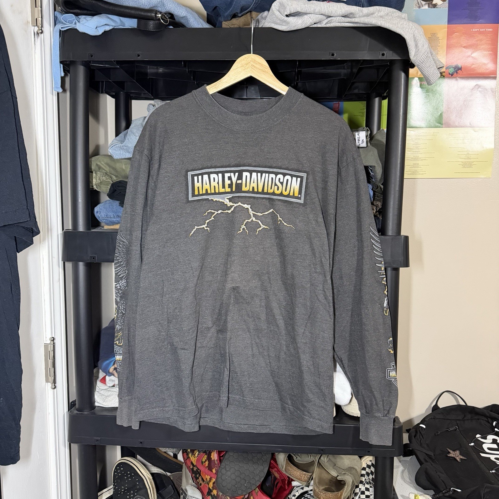 Vintage Harley Davidson Shirt Mens L Gray 90s Thunder Lightning Long Sleeve USA