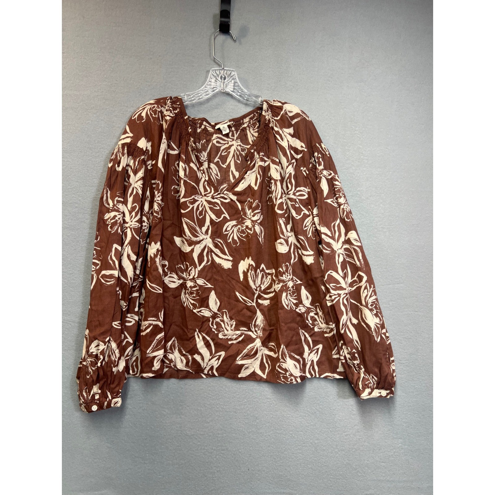 a.n.a Womens XXL Brown Floral Cotton Peasant Blouse V-Neck Long Sleeve Top NEW