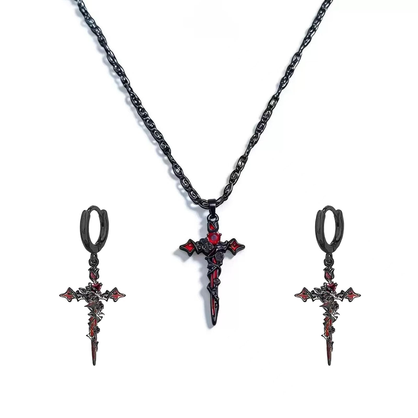 HJYJELSTORE Gothic Thorn Rose Dagger Cross Jewelry Set for Mediun, Black