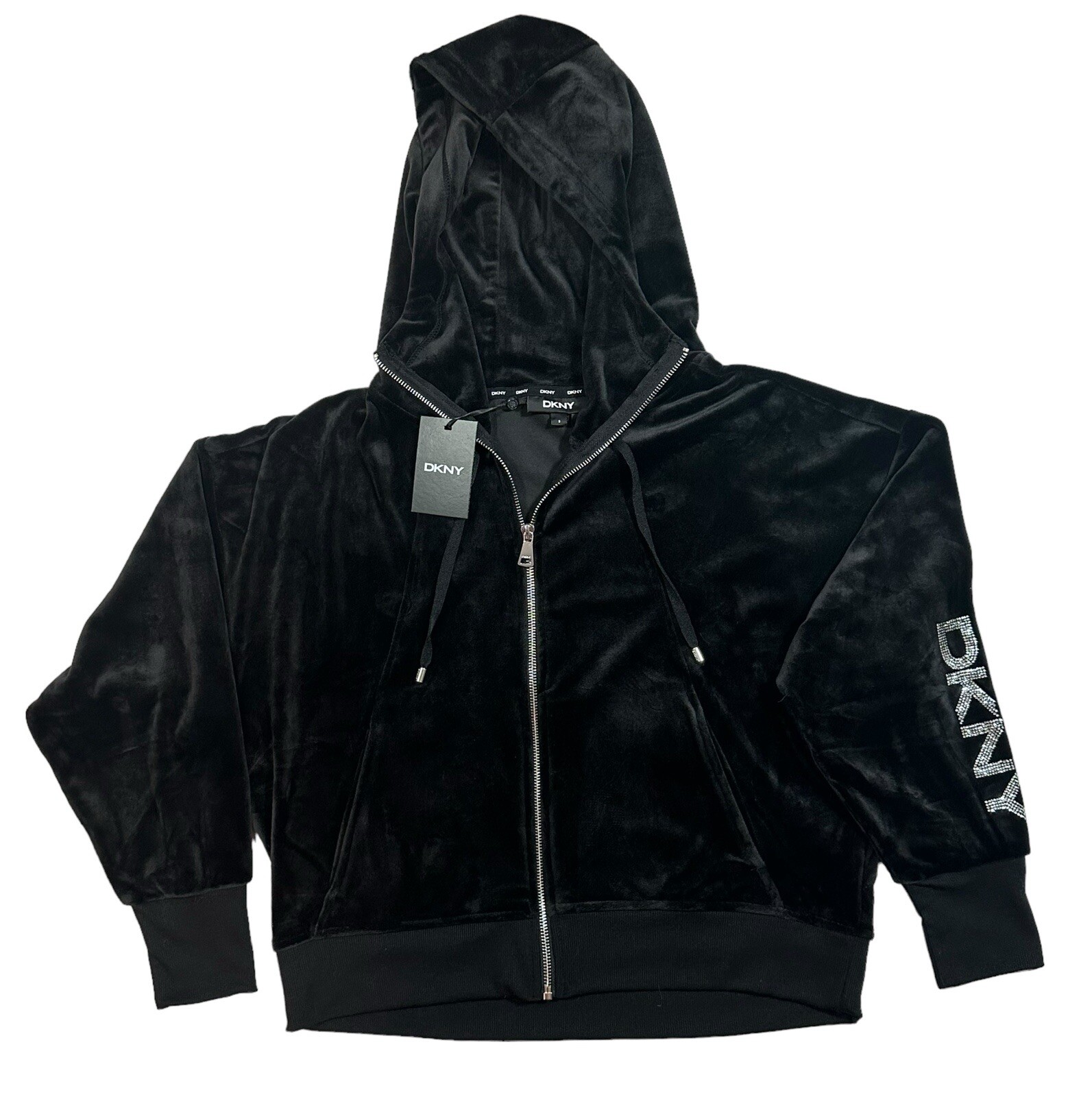 NWT $79 DKNY Rhinestone Logo Velour Jacket Black Athleisure Womens Size S