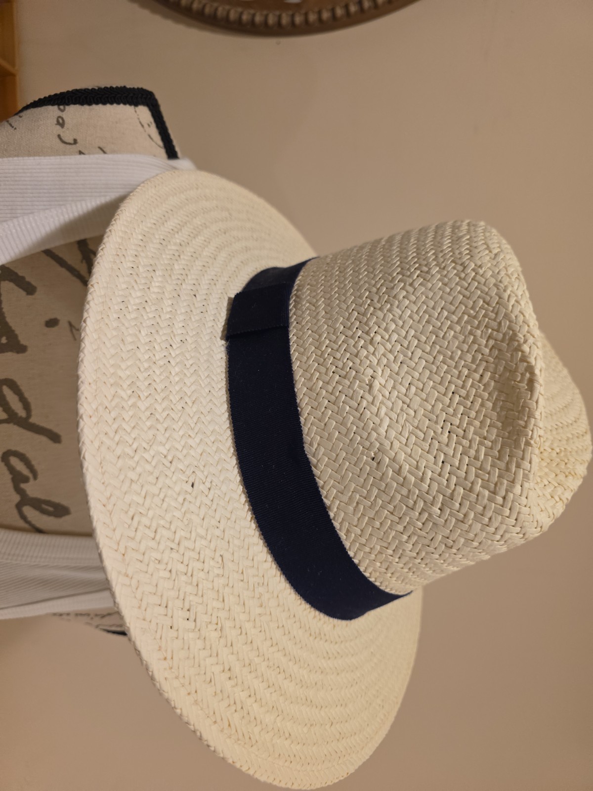 Banana Republic Made in Italy Straw Sun Hat Wide Brim Polka Dot Ribbon Tan M/L
