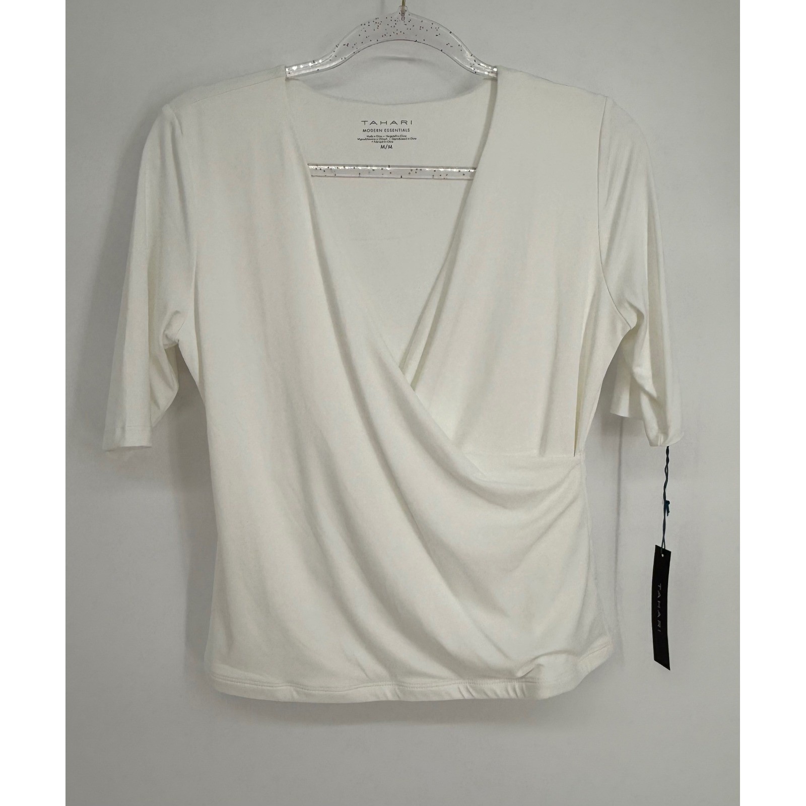 Tahari Modern Essentials White Wrap Top Ruched Elbow Sleeve V-Neck NWT Sz M