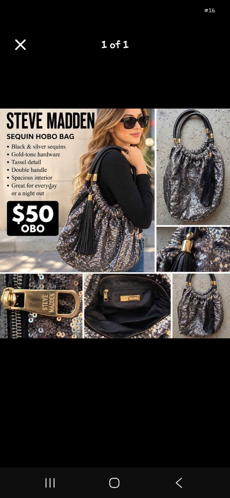 Vintage Steve Madden Dark Silver Sequin Hobo Bag Purse