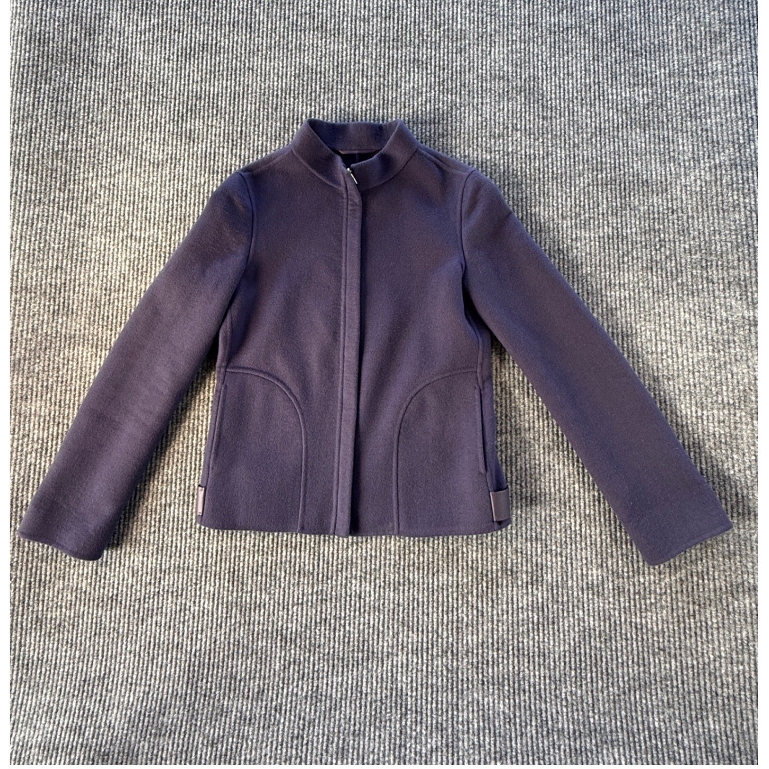 Loro Piana 100% Cashmere Mock Neck Zip Jacket Purple Navy Leather Trim Size 36