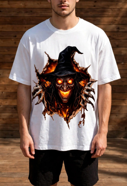 Scary Witch Halloween Men\'s T-shirt Large White 3D Rip Horror Orange Eyes NWT