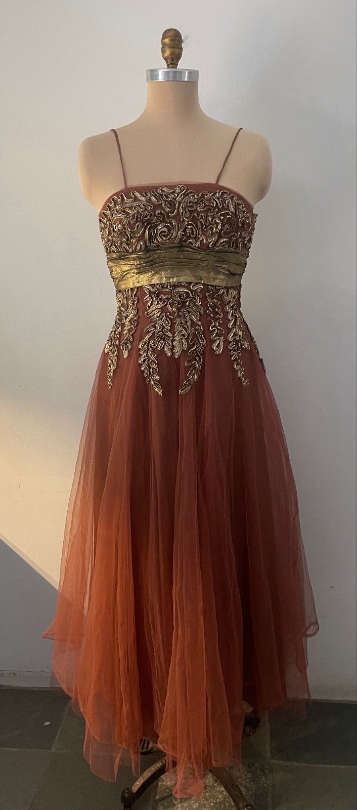 VTG 1940\'s EMMA DOMB PLUM BROWN w/BRONZE TRIM EVENING GOWN~S~RARE~OSCAR WORTHY~