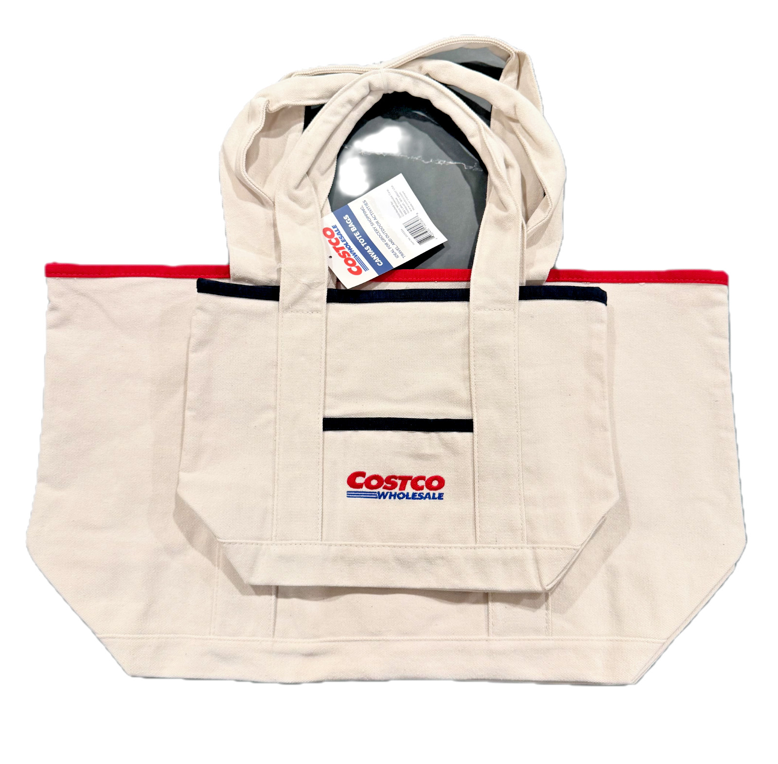 Costco Wholesale Canvas Tote Bag 2 Bags - Red and Navy Trim,  1 Large, 1 Small