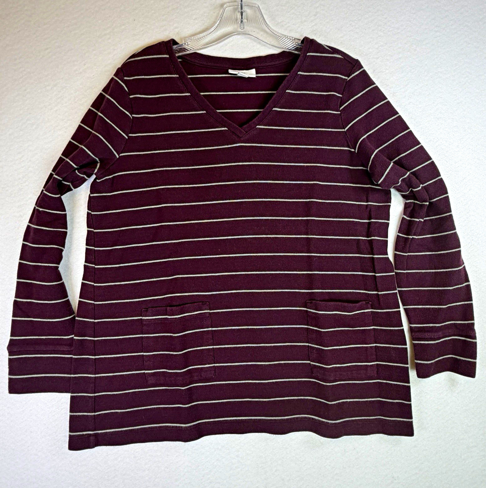 J Jill Womens M Burgundy Striped V Neck Tunic Top Long Sleeve Pockets Cotton