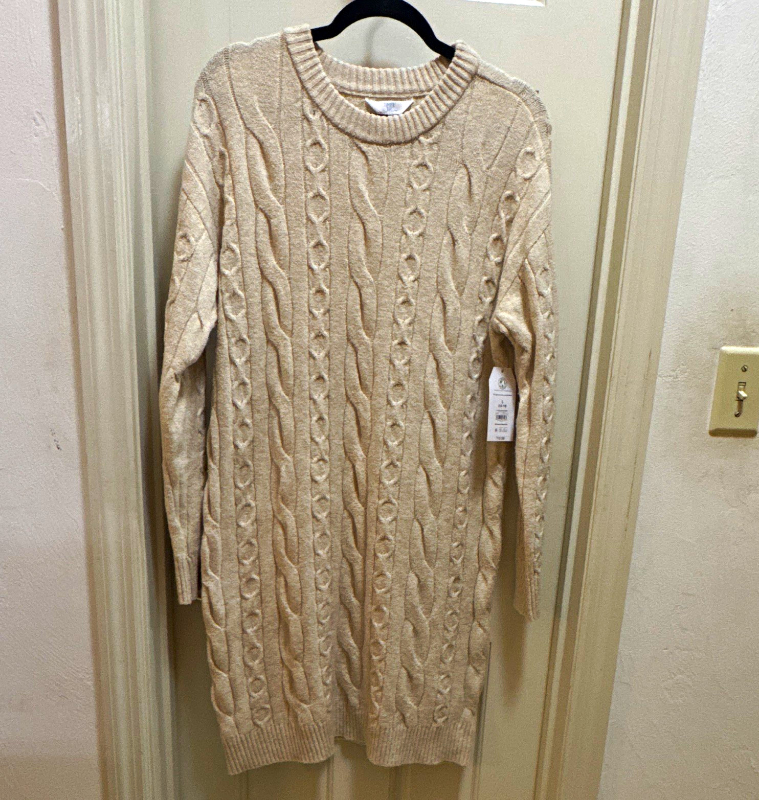 Time and Tru Oatmeal Heather Cable Knit Sweater Dress Crew Neck Long L