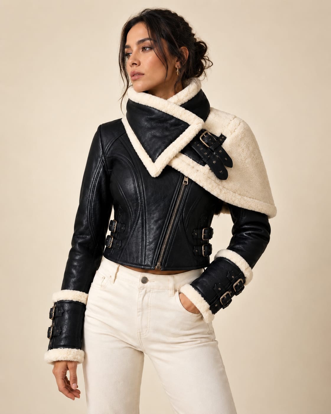 Women’s Black Genuine Leather Shearling Jacket Winter Fur Motorcycle Biker Coat