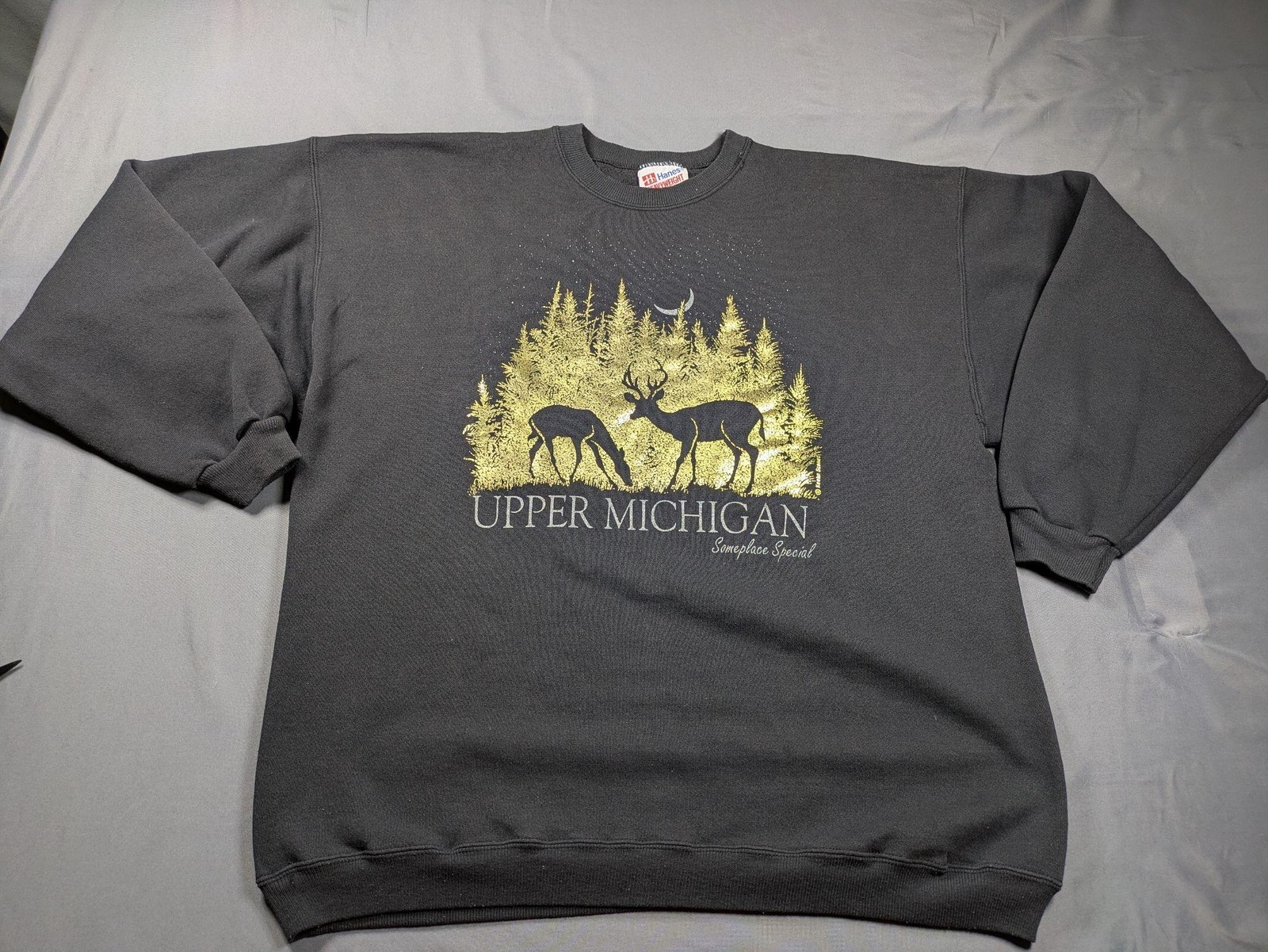 Vintage Upper Michigan Sweatshirt Mens XL Gray Deer Hanes Heavyweight USA Fleece