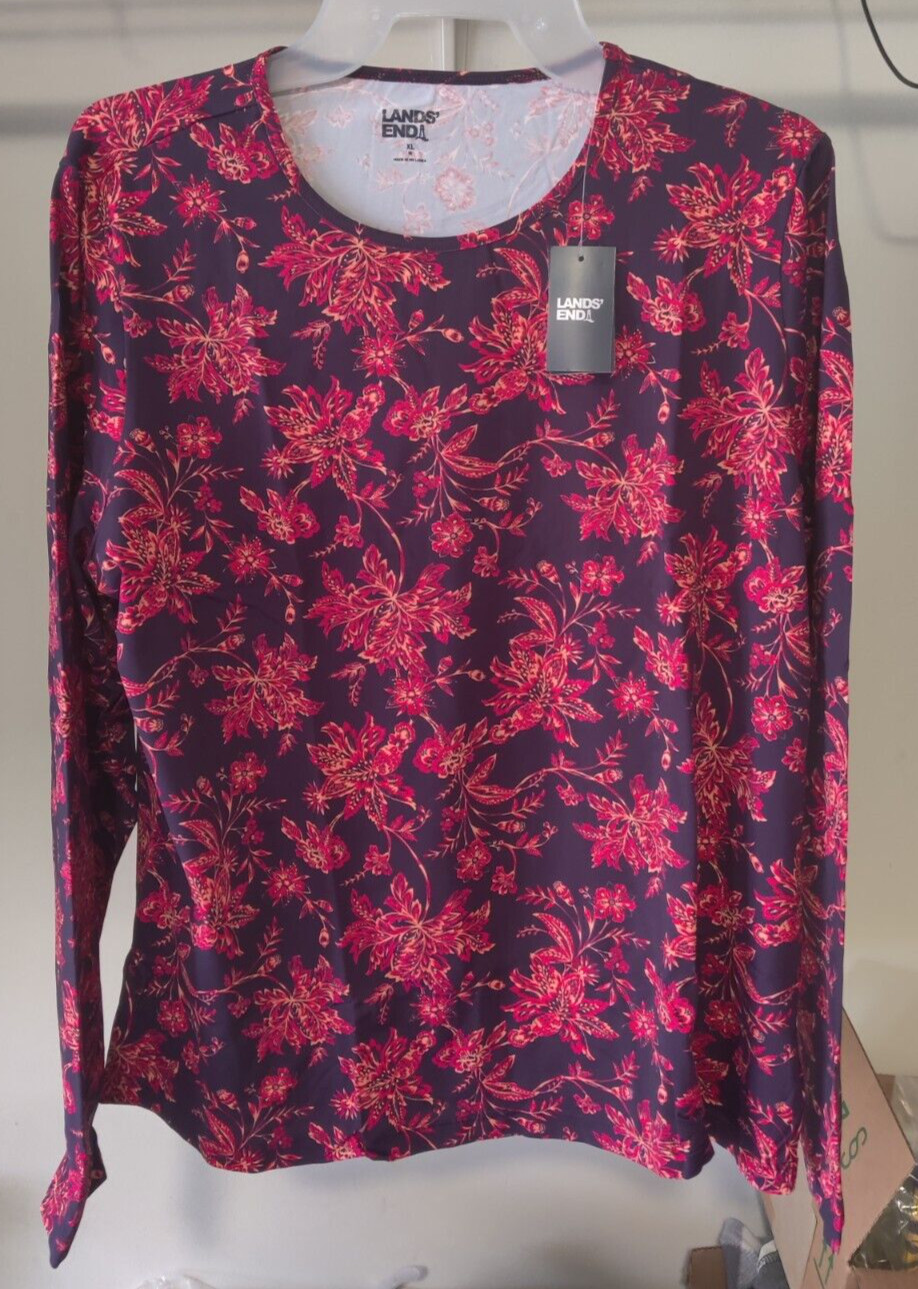 NWT Lands\' End Women Long Sleve UPF50 Rashguard Blk/Red Jacobean XS-XL $60 4C715