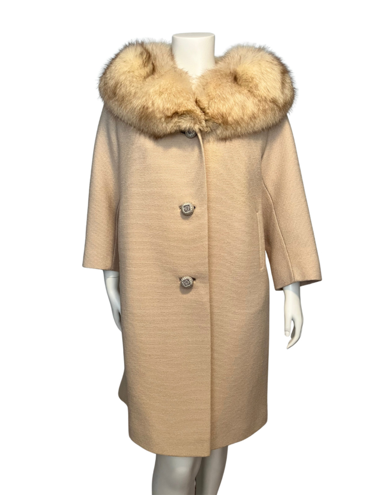 MINT VTG 1950s/1960s Coat in Creme Wool with Fox Fur Collar New Look L/XL