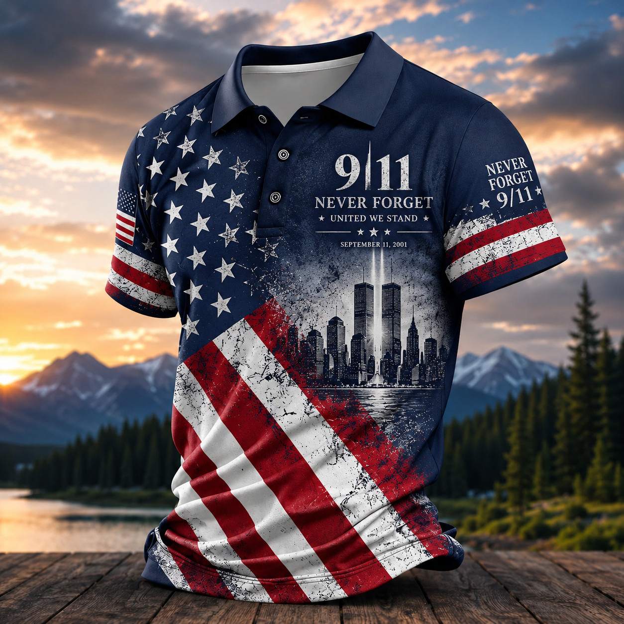 9/11 Never Forget Polo Shirt, Patriotic American Flag Memorial Tribute Shirt