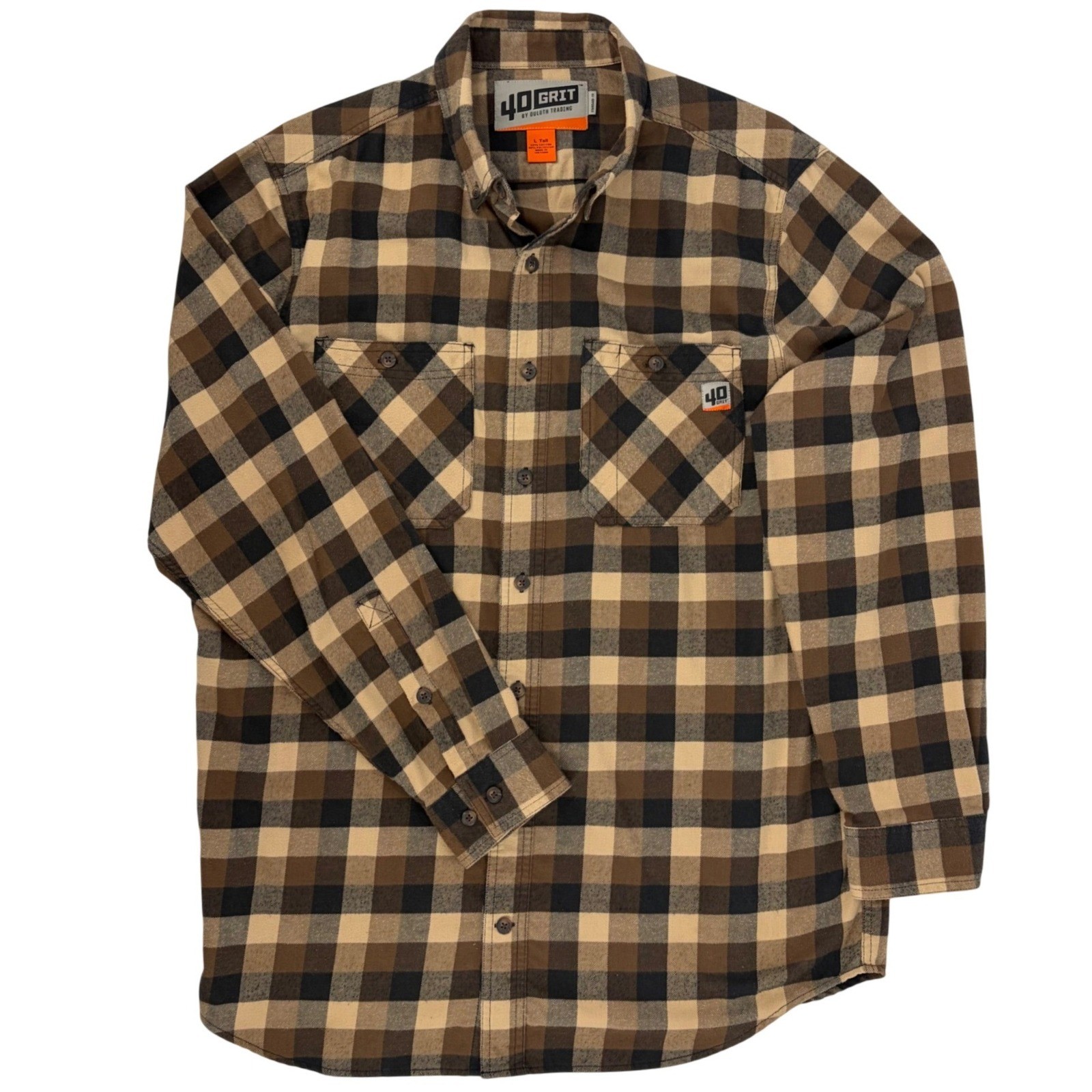 40 Grit Duluth Trading Flannel Shirt Plaid Button Down Workwear Brown L Tall