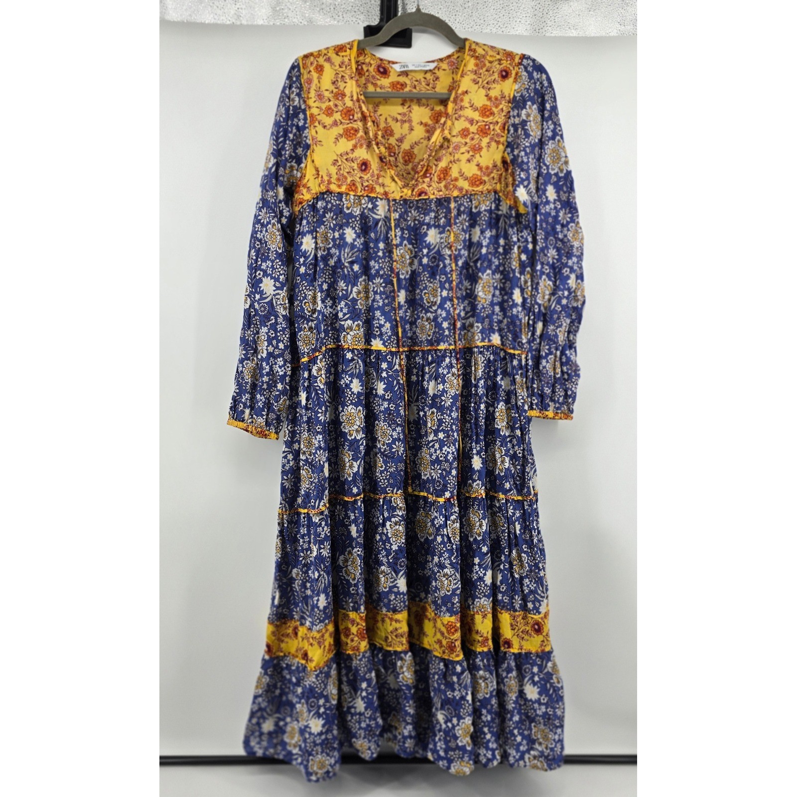 Zara Womens Floral Print Tiered Maxi Dress Blue Yellow Boho Long Sleeve Small