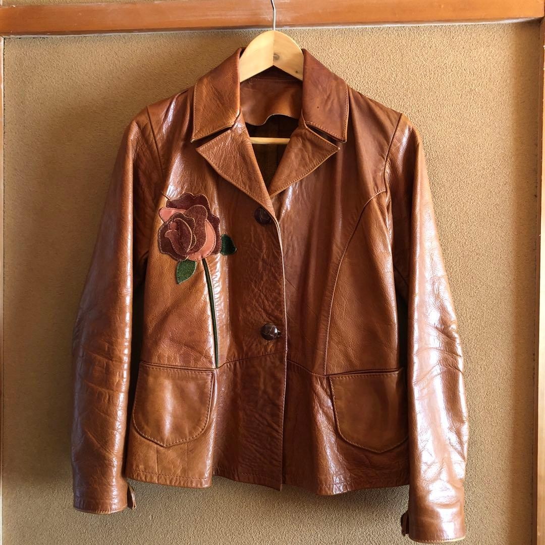 Vintage 70s East West Musical Instruments Leather Jacket Rose Embroidery Size S