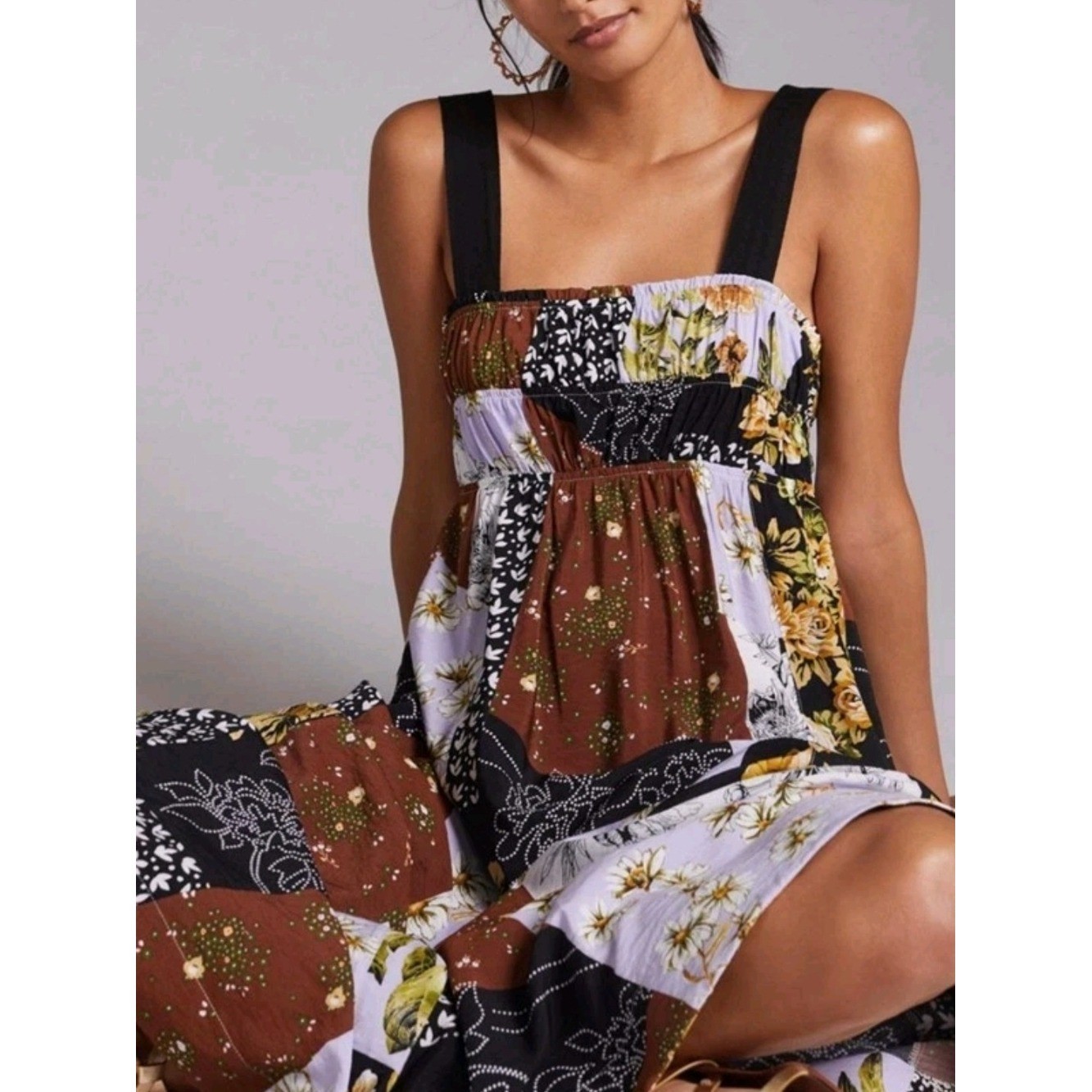 Anthropologie Maeve Floral Patchwork Midi Dress in Brown Black White Yellow S
