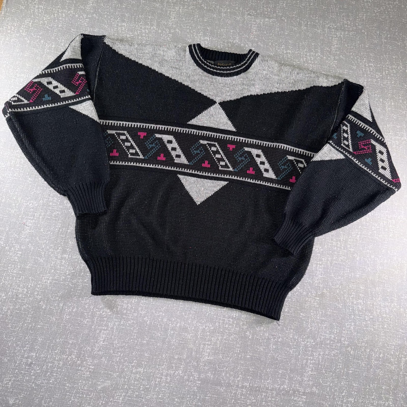 Vintage Michael Gerald Sweater Mens XL Black Geometric Crewneck Pullover