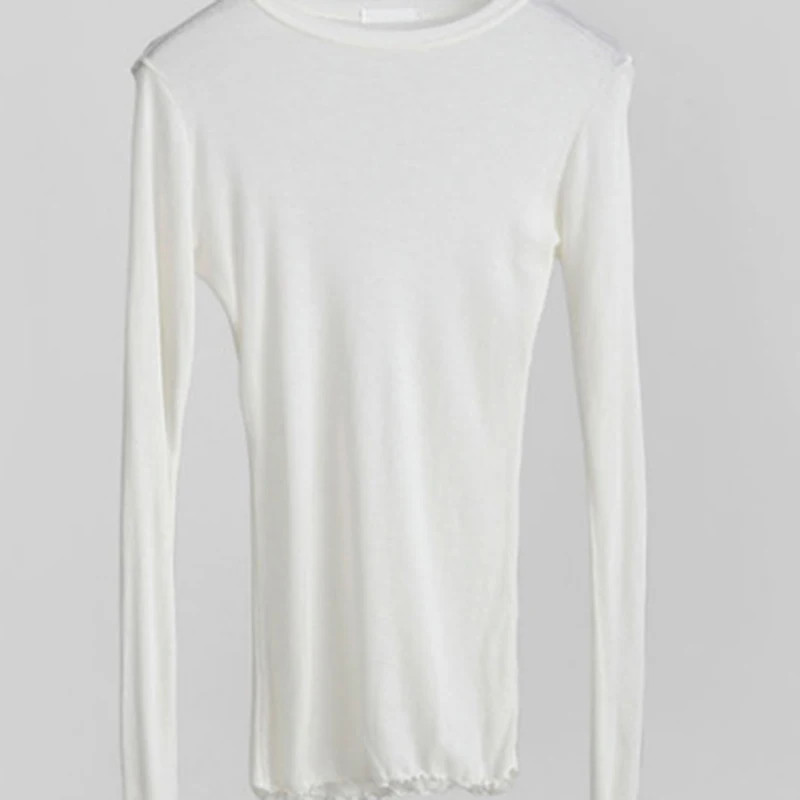 Plain T Shirt Women Cotton Elastic Basic Tops Long Sleeve Sexy Thin See Through