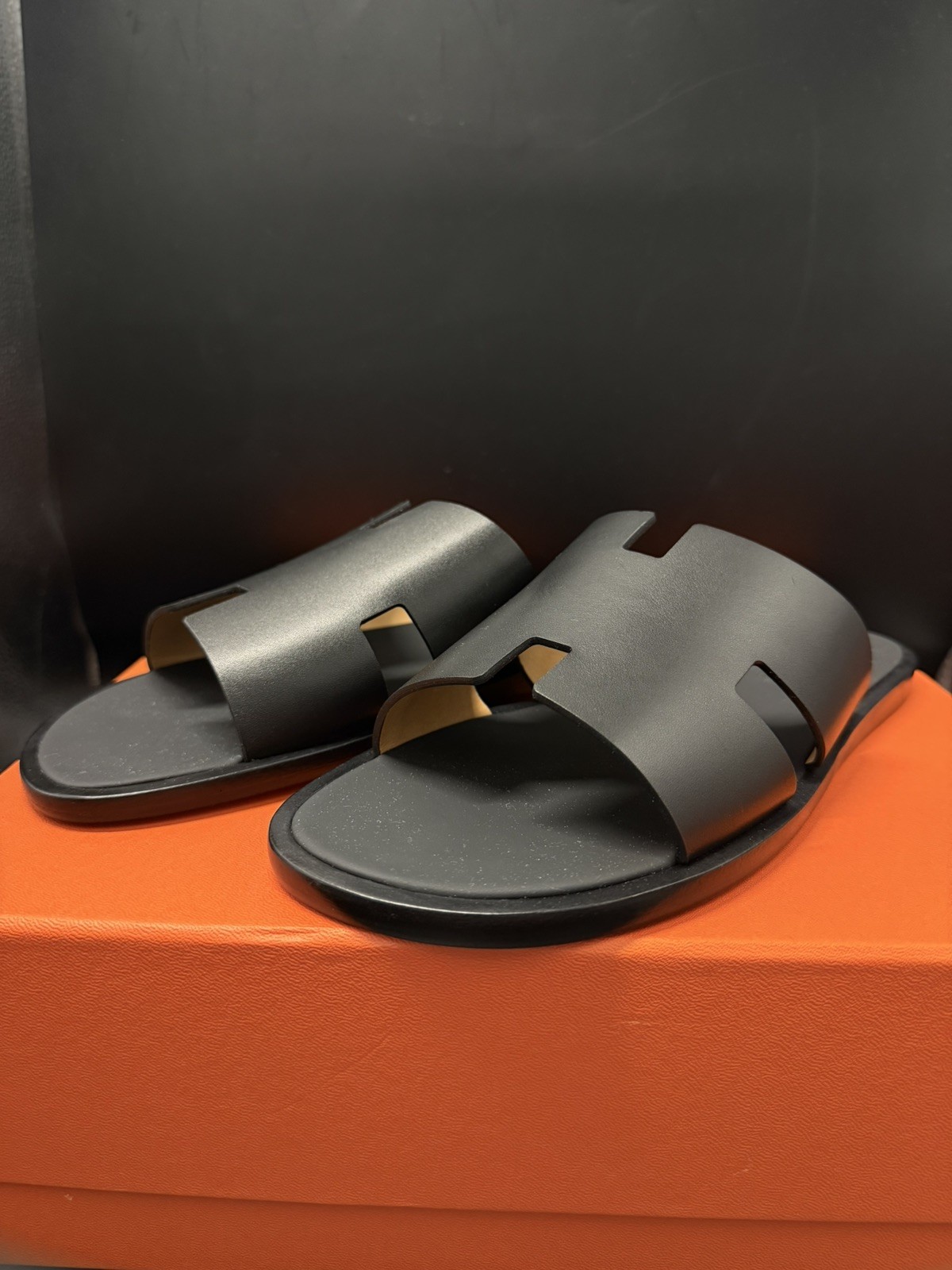 Hermes Izmir Sandal Men’s 44 US 10 Leather Black Slides Classic Style Slippers