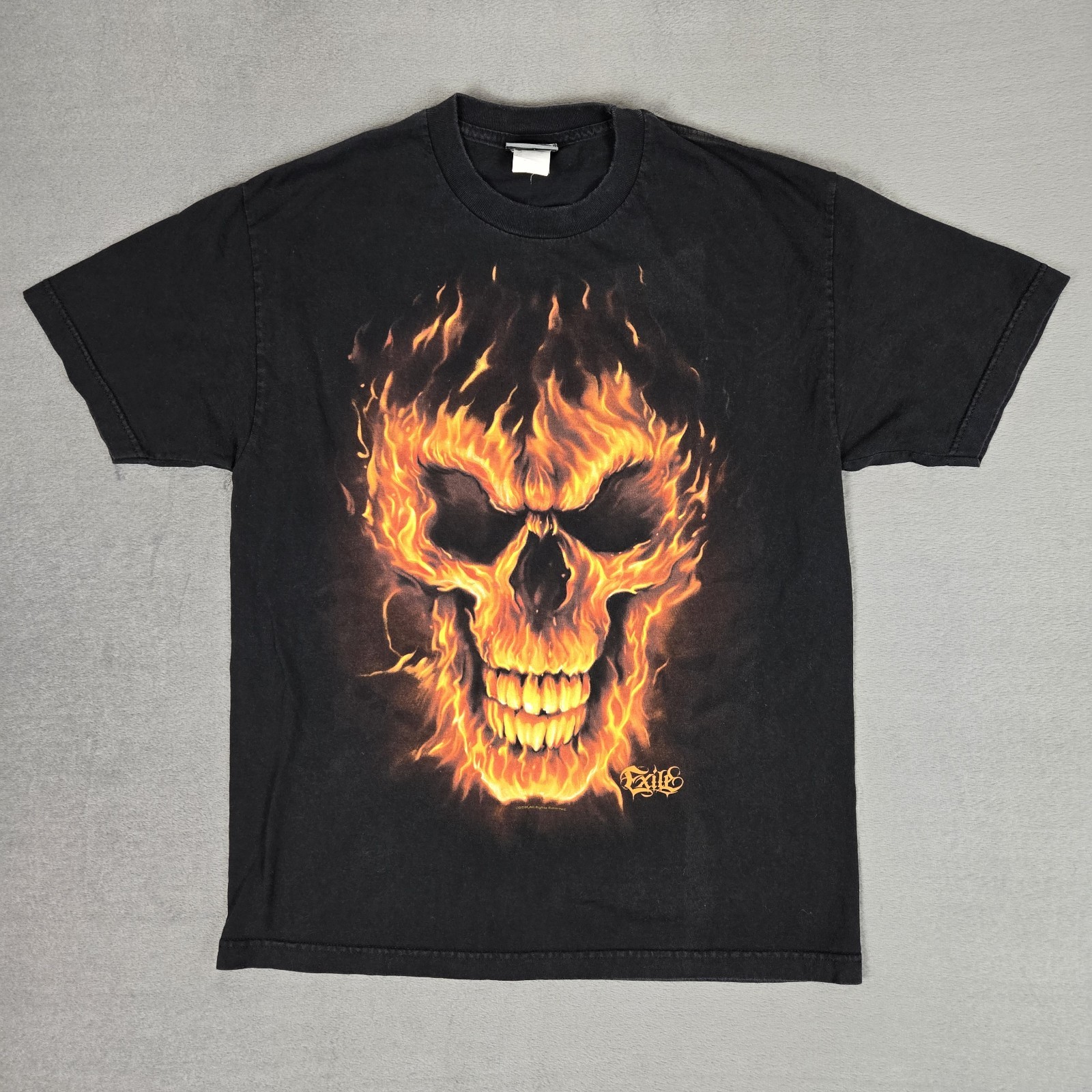 Vintage Y2K Exile T Shirt Mens Medium Black Fire Skull Skeleton ODM Graphic Tee