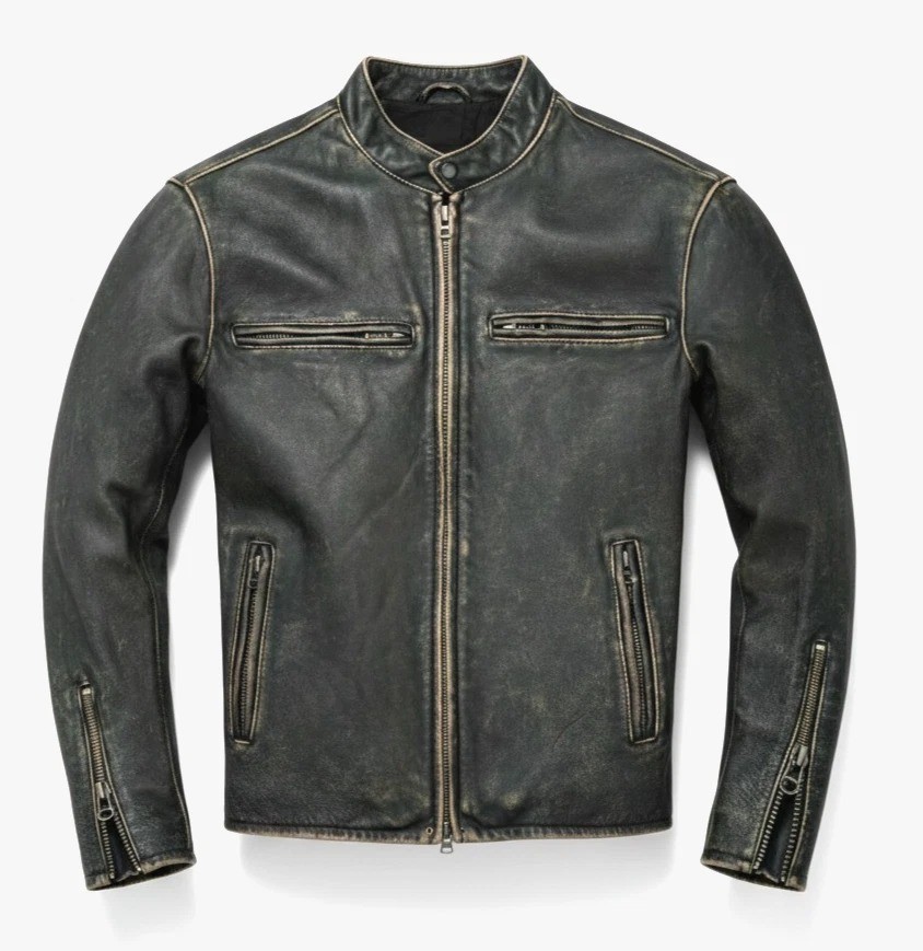Cafe Racer Mens Genuine Sheepskin Motorcycle Leather Jacket Black Distressed