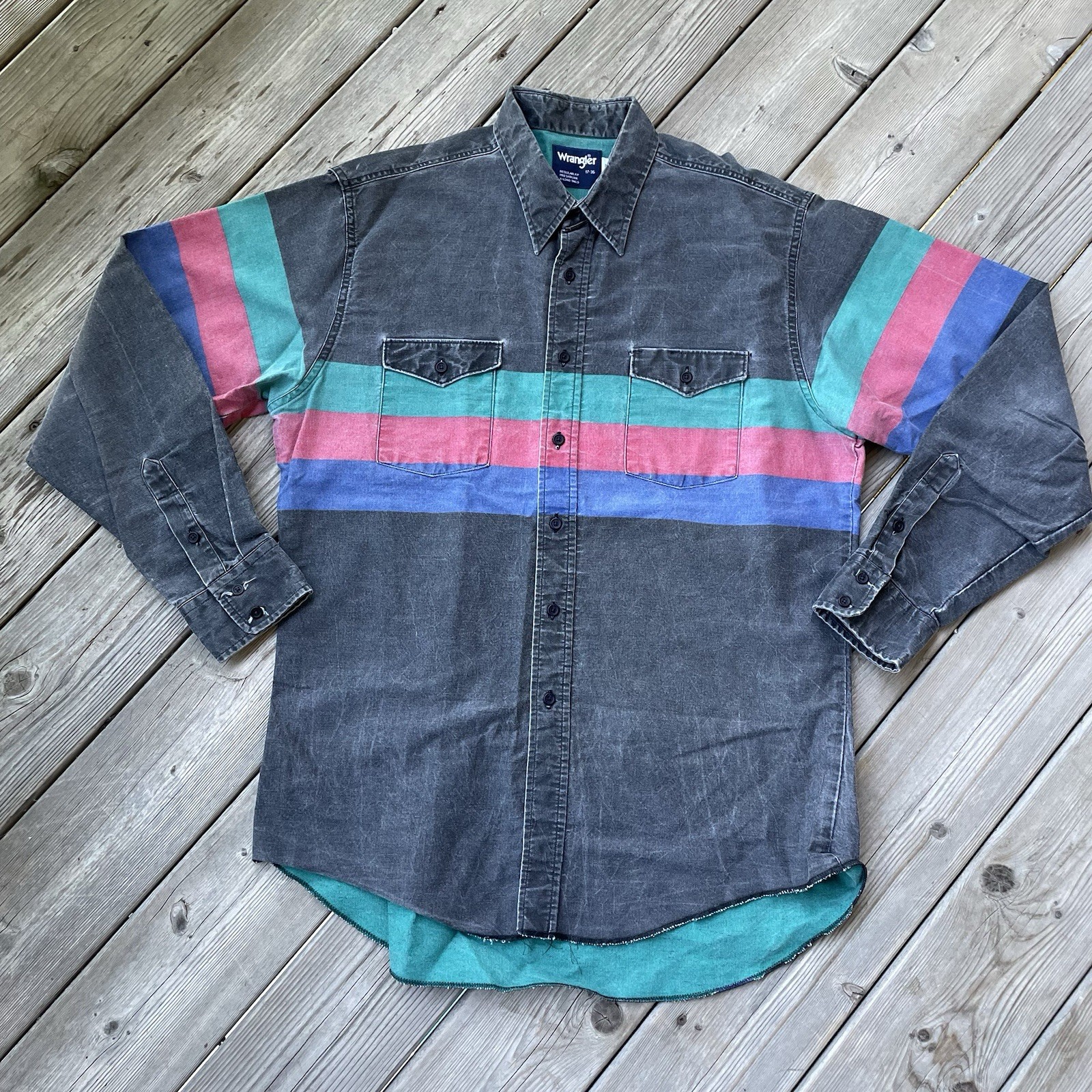 Vtg Wrangler Brushpopper Shirt XL 17 36 Western Rodeo Cowboy Striped Black Blue