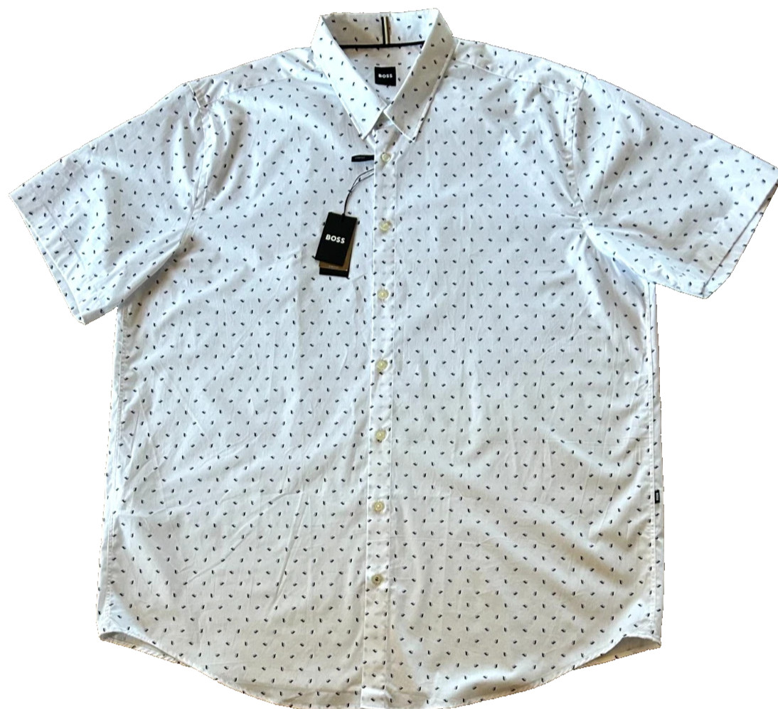 Hugo Boss Roan Kent Slim Fit Button Up Shirt Men\'s SZ L White Geo Print $158